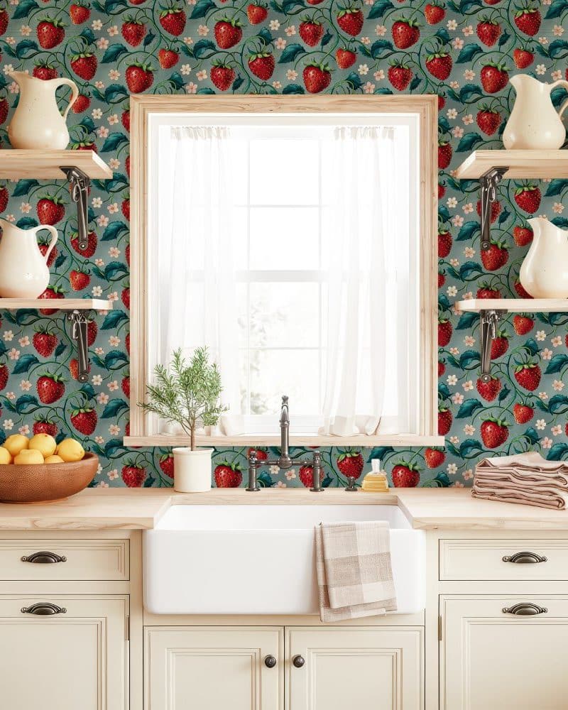 Kitchen with a teal strawberry wallpaper above a farmhouse style sink and cabinets.