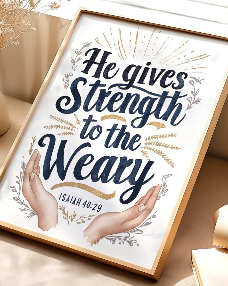 Framed print with gold lettering that reads He gives strength to the weary, Isaiah 40:29, surrounded by hands and floral designs.
