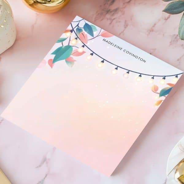 Pink Notepad With A String Of Lights And Leaves Design, Personalized With A Name.