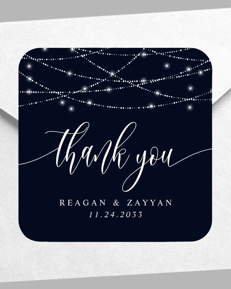 String Lights Navy Blue Elegant Wedding Thank You Square Sticker