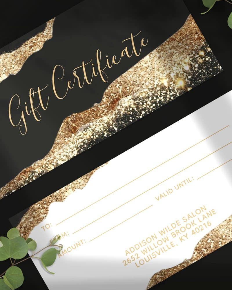 Elegant black and gold gift certificate with space to fill in recipient, amount, and date.