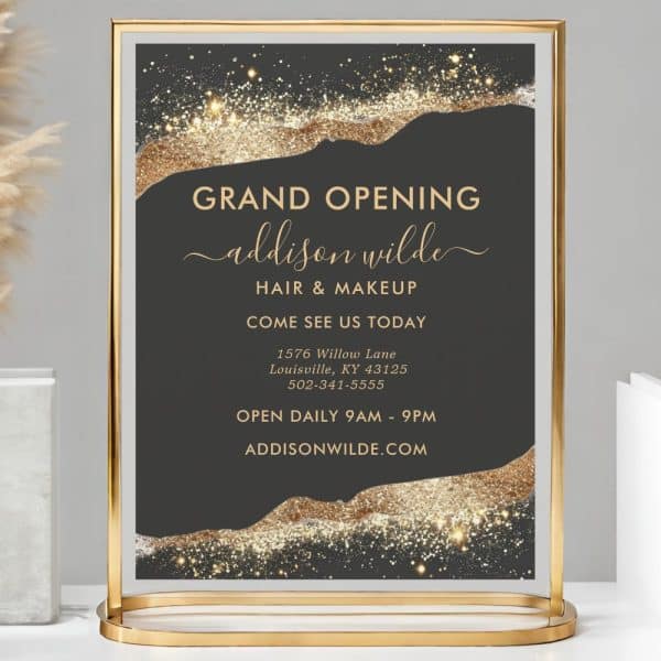 Gold Framed Sign Announcing The Grand Opening Of Addison Wilde Hair &Amp; Makeup, Including Address And Hours.