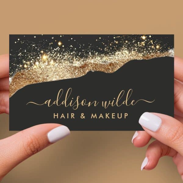 Black Business Card With Gold Glitter Detail, Showcasing Addison Wilde Hair &Amp; Makeup.