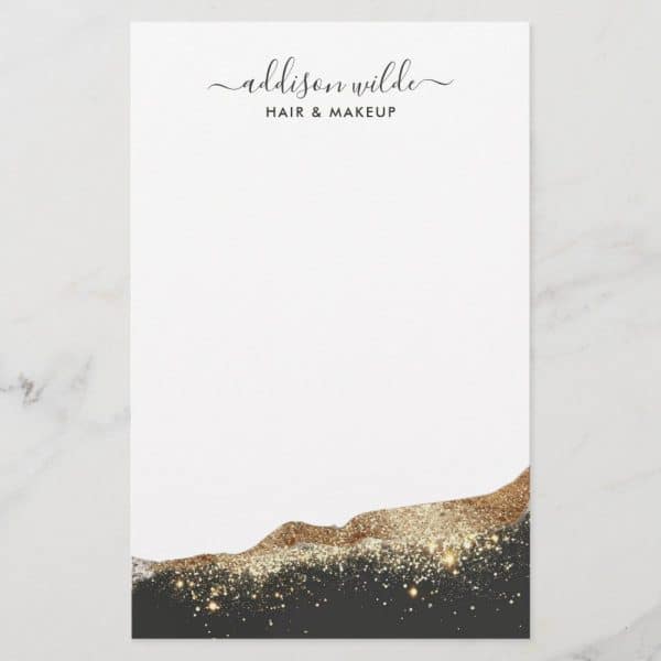 Addison Wilde Hair &Amp; Makeup Stationery Featuring A Gold Glitter Design At The Bottom.