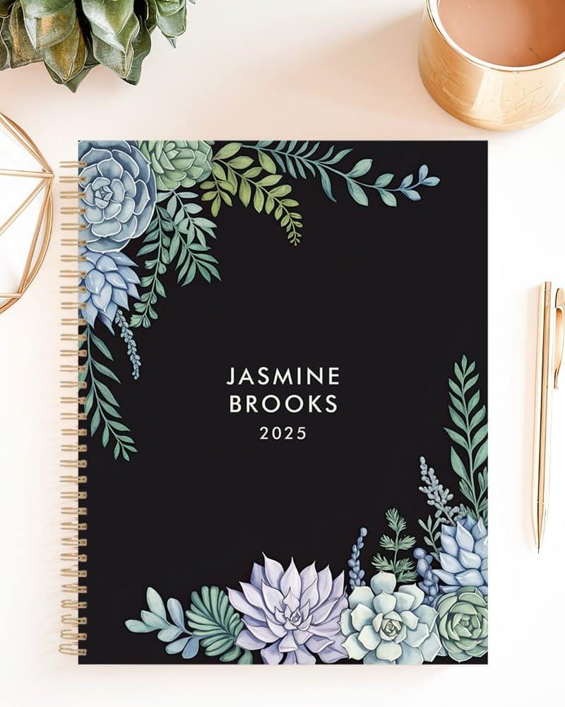 Black 2025 planner with a watercolor succulent design.