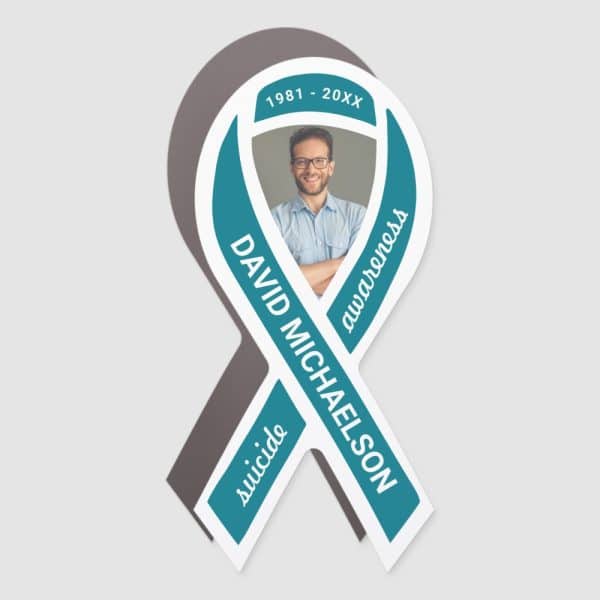 Teal Awareness Ribbon With A Photo Of David Michaelson, 1981-20Xx, And The Word Suicide.