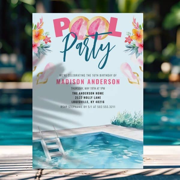 Pool Party Invitation For Madison Anderson'S 16Th Birthday. The Invitation Features A Watercolor Illustration Of A Swimming Pool And Tropical Flowers.