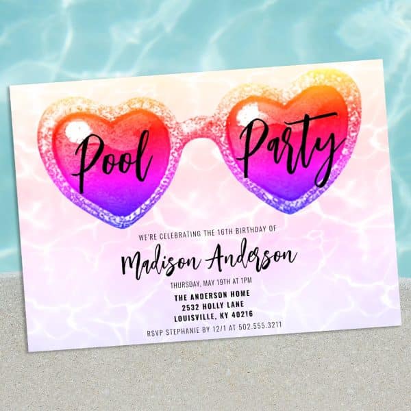 Heart-Shaped Sunglasses Pool Party Invitation For Madison Anderson'S 16Th Birthday.