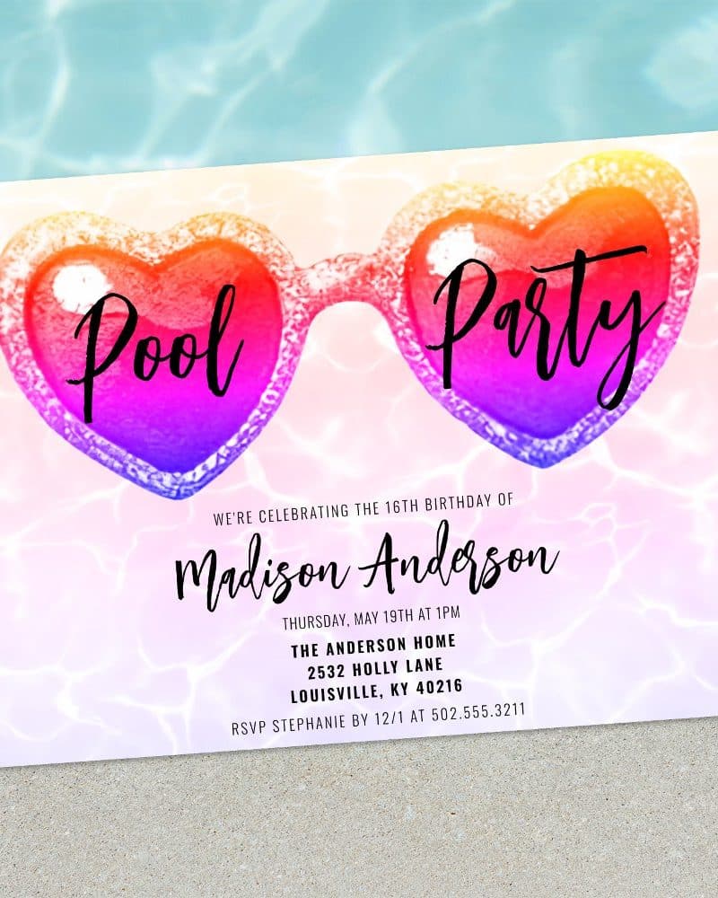 Heart-shaped sunglasses pool party invitation for Madison Anderson's 16th birthday.