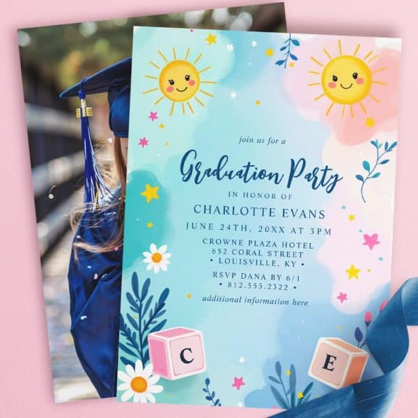 Graduation Party Invitation For Charlotte Evans, Featuring A Photo Of The Graduate And A Playful Design With Suns And Blocks.