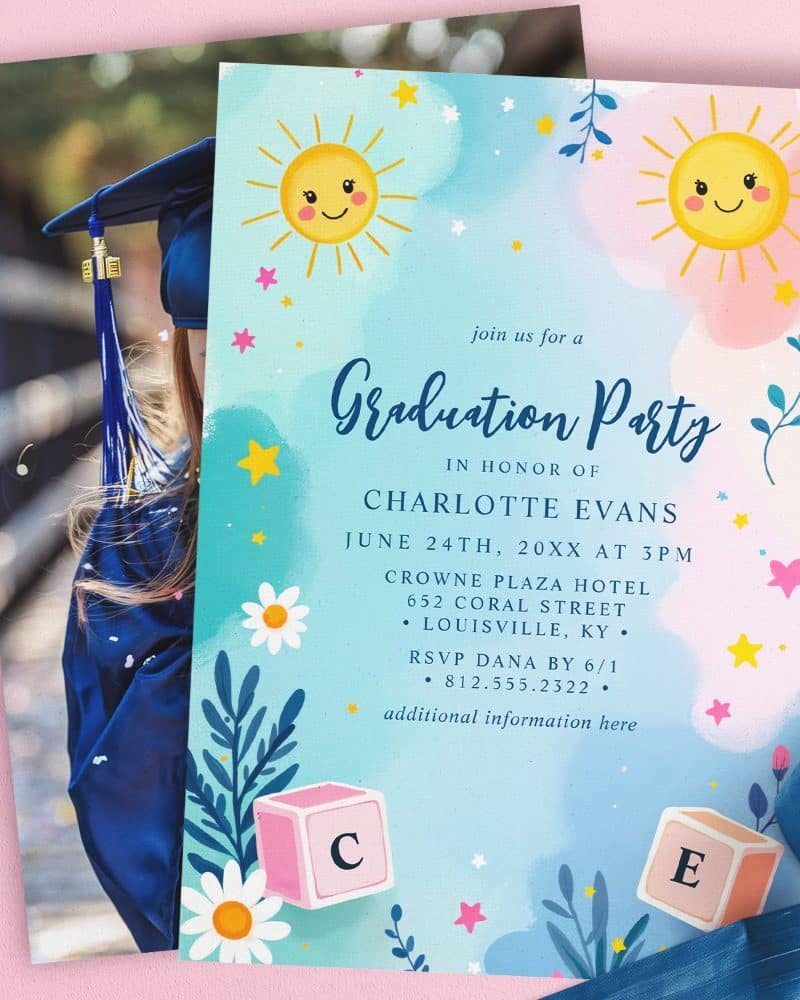 Graduation party invitation for Charlotte Evans, featuring a photo of the graduate and a playful design with suns and blocks.