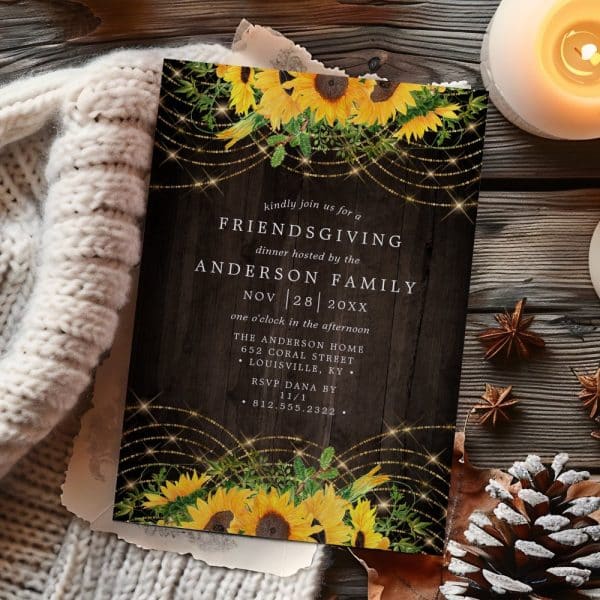 Friendsgiving Invitation With Sunflowers And Gold Lights On A Dark Wood Background.
