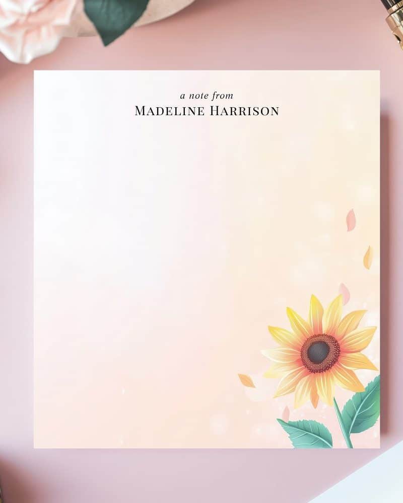 Personalized stationery featuring a sunflower design.