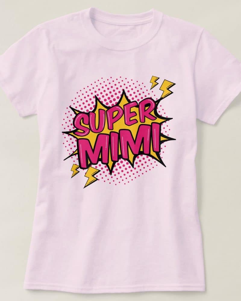 Pink t-shirt with a comic book style graphic that says Super Mimi.
