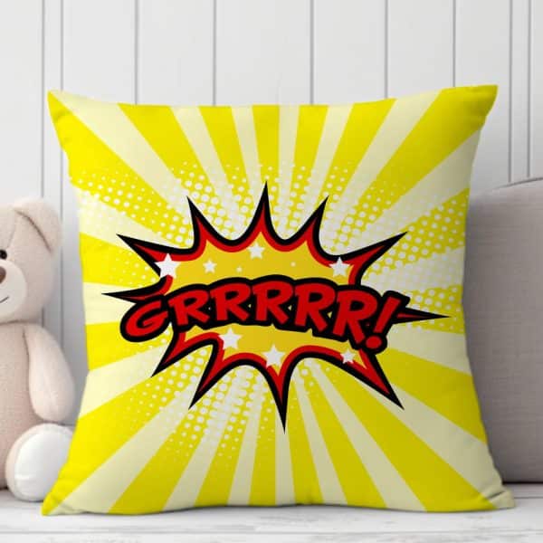 Yellow Square Pillow With A Red Comic Book Style Grrrrr! Explosion Graphic.