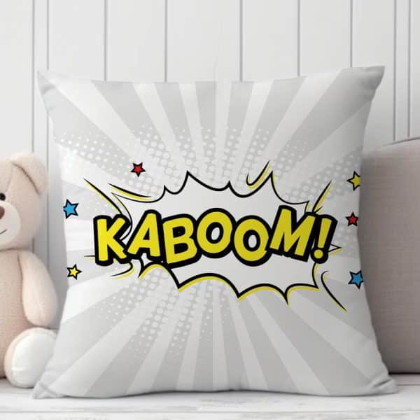 Grey Square Pillow With A Yellow Kabooom! Comic Book Style Word Art Graphic.