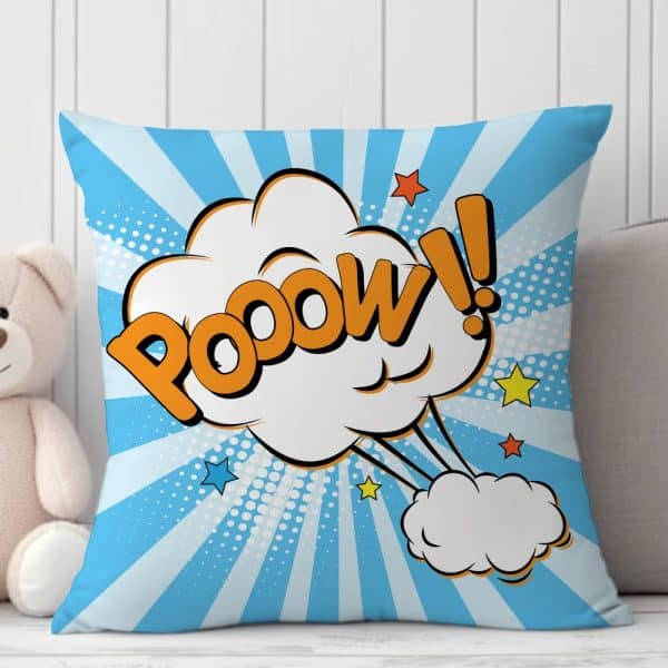 Blue Square Pillow With A Comic Book Style Pow! Graphic.
