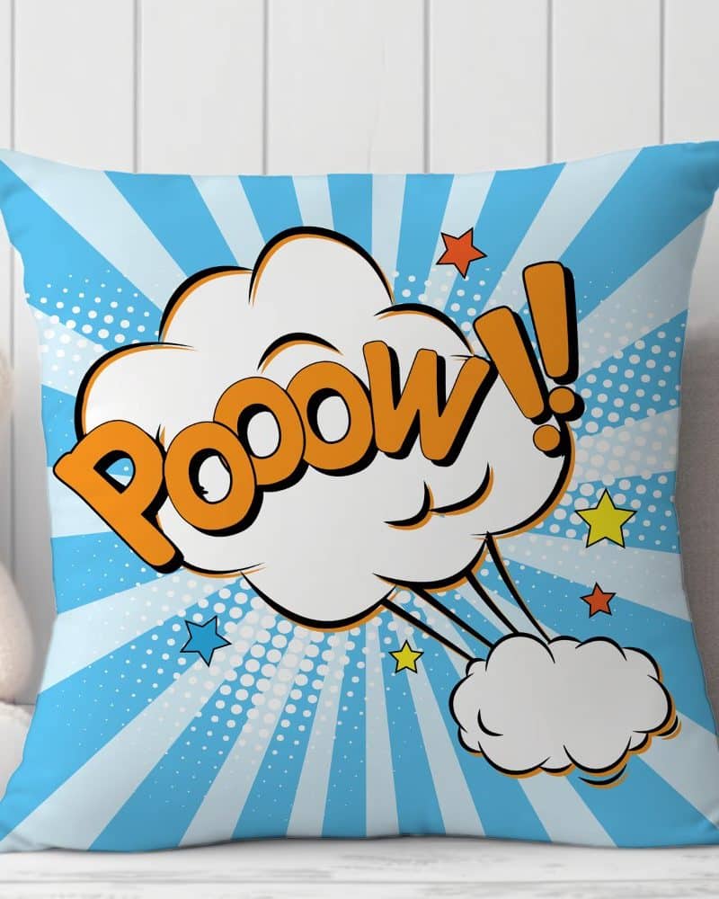 Blue square pillow with a comic book style POW! graphic.