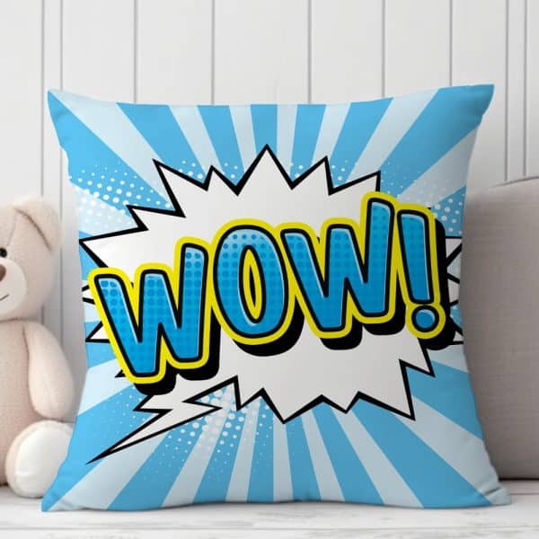 Blue Square Pillow With A Comic Book Style Wow! In The Center.