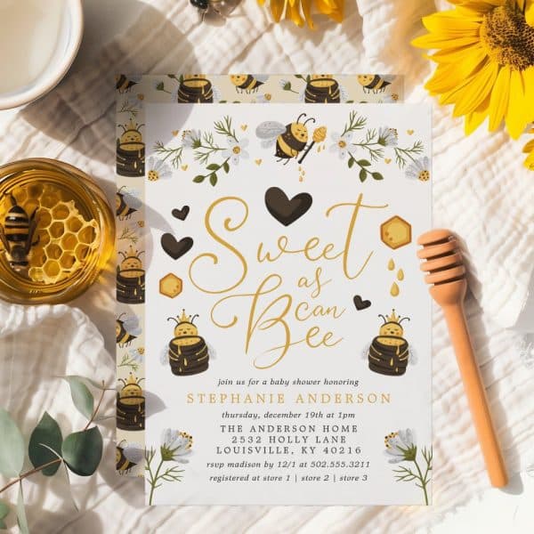 Baby Shower Invitation With Bee Theme; Text Says Sweet As Can Bee.