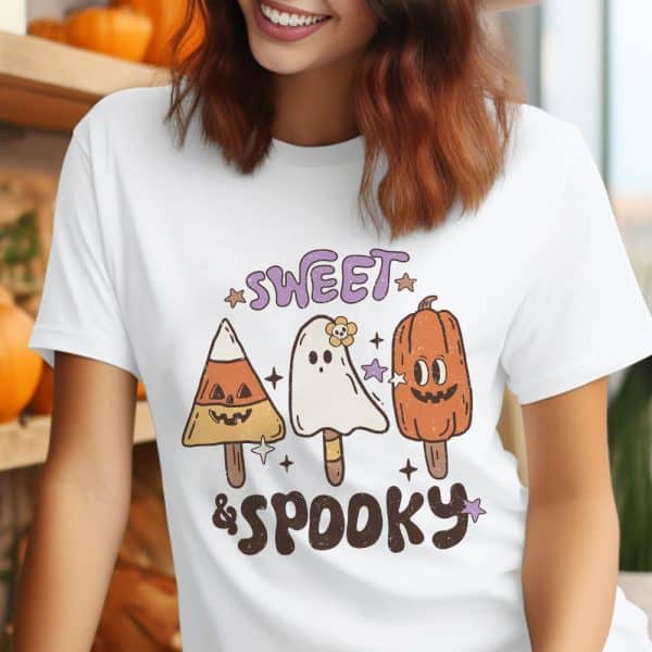 Woman Wearing A White T-Shirt Featuring A Halloween Design Of Candy Corn, Ghost, And Pumpkin Pops.