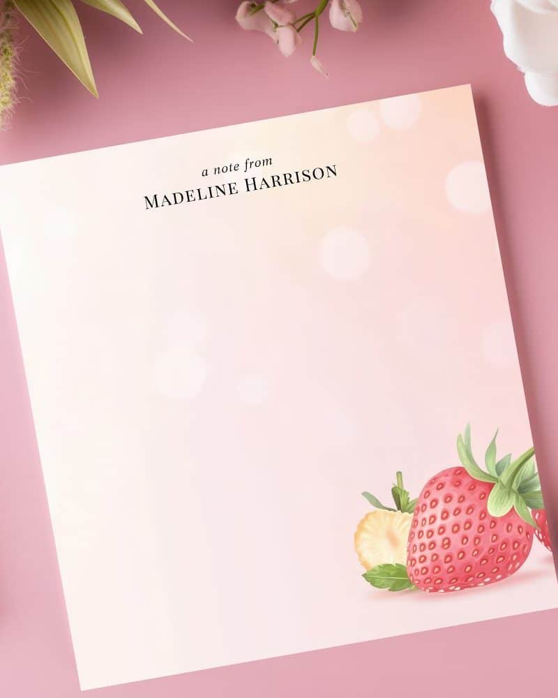Personalized stationery featuring a strawberry illustration.