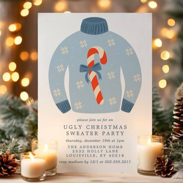 Invitation To An Ugly Christmas Sweater Party Featuring An Illustration Of A Light Blue Sweater With A Candy Cane.