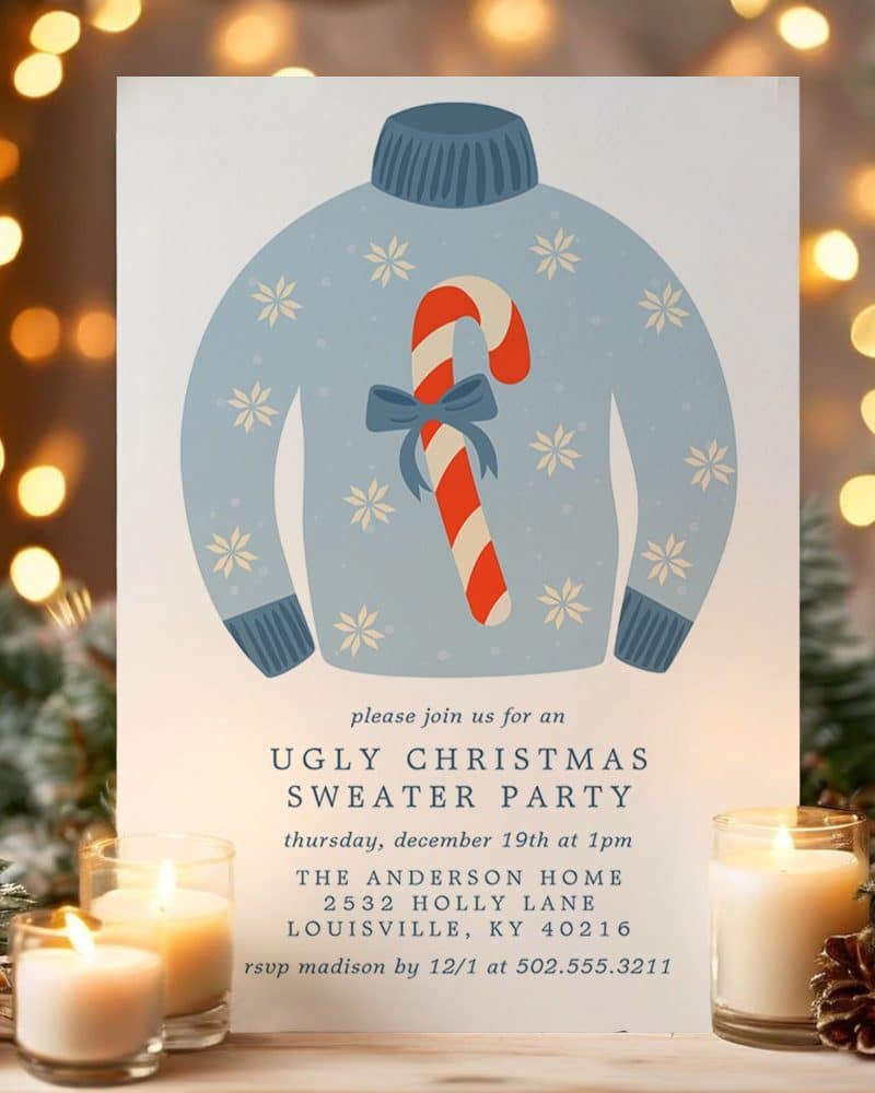 Invitation to an ugly Christmas sweater party featuring an illustration of a light blue sweater with a candy cane.