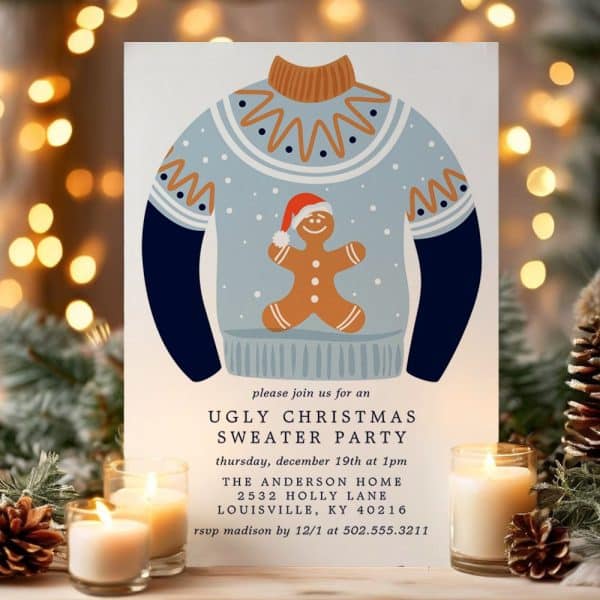 Invitation To An Ugly Christmas Sweater Party Featuring An Illustration Of A Light Blue Sweater With A Gingerbread Man Design.