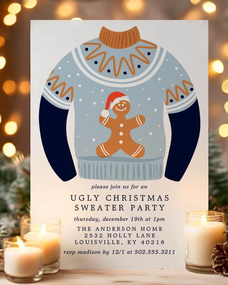 Invitation to an ugly Christmas sweater party featuring an illustration of a light blue sweater with a gingerbread man design.