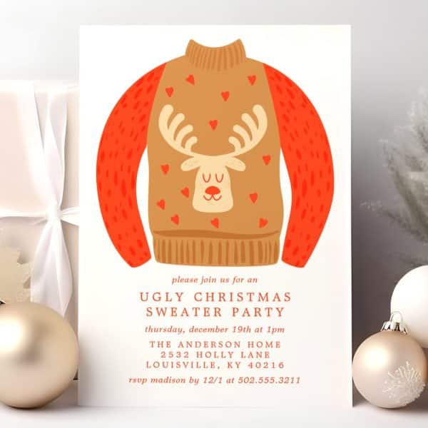 Christmas Sweater Party Invitation Featuring A Tan Sweater With Red Sleeves And A Reindeer Design.