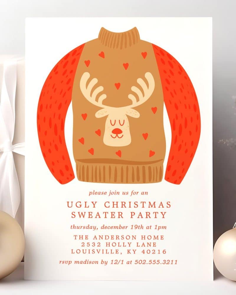 Christmas sweater party invitation featuring a tan sweater with red sleeves and a reindeer design.