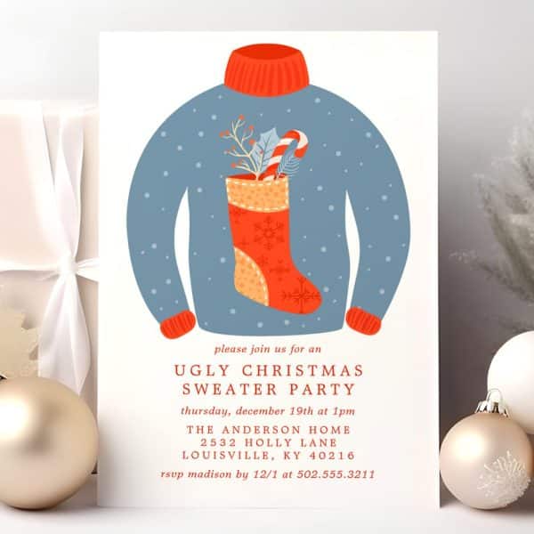 Invitation To An Ugly Christmas Sweater Party, Illustrated With A Blue Sweater Featuring A Red Christmas Stocking Filled With Holiday Treats.