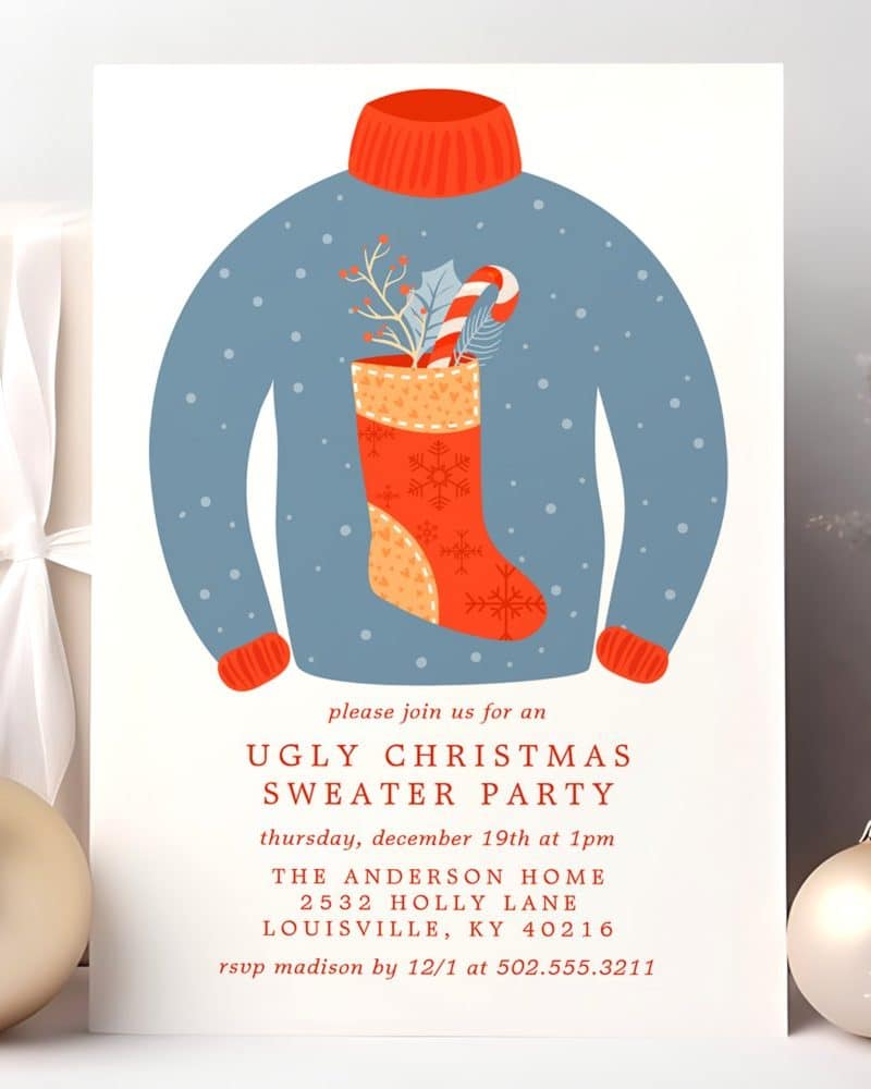 Invitation to an ugly Christmas sweater party, illustrated with a blue sweater featuring a red Christmas stocking filled with holiday treats.
