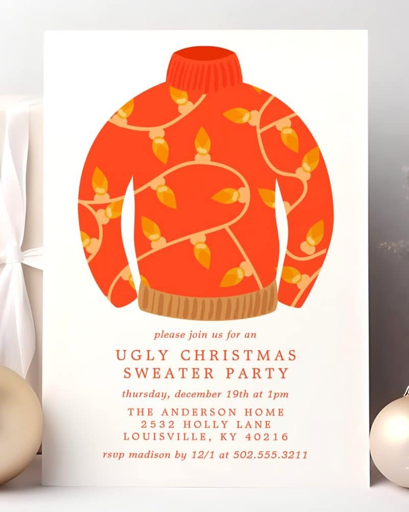 Invitation to an Ugly Christmas Sweater Party, featuring an illustration of an orange sweater with a Christmas light pattern.