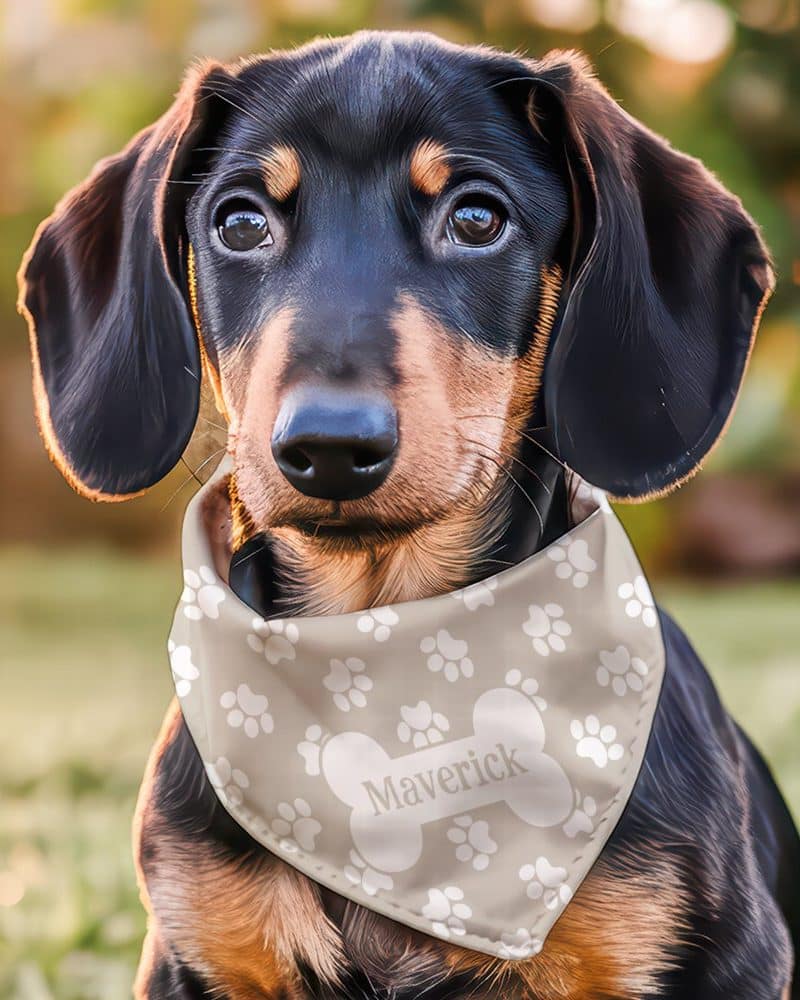 A dachshund puppy wearing a beige bandana with paw prints and the name Maverick.