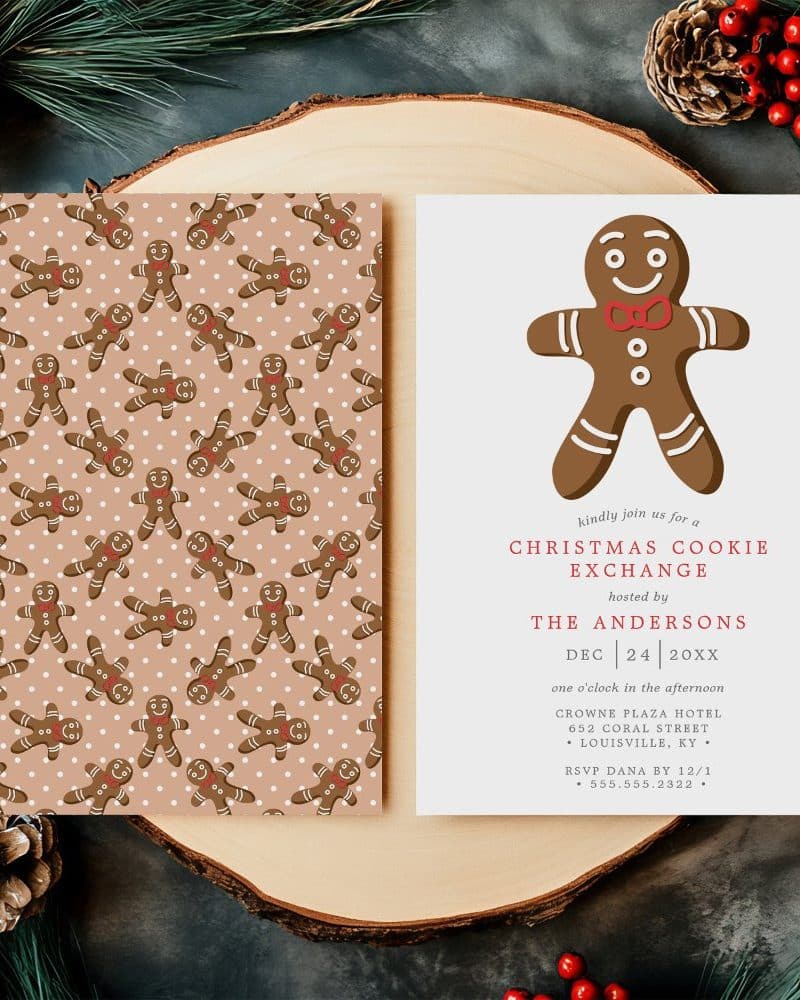 Christmas cookie exchange invitation with a gingerbread man illustration.