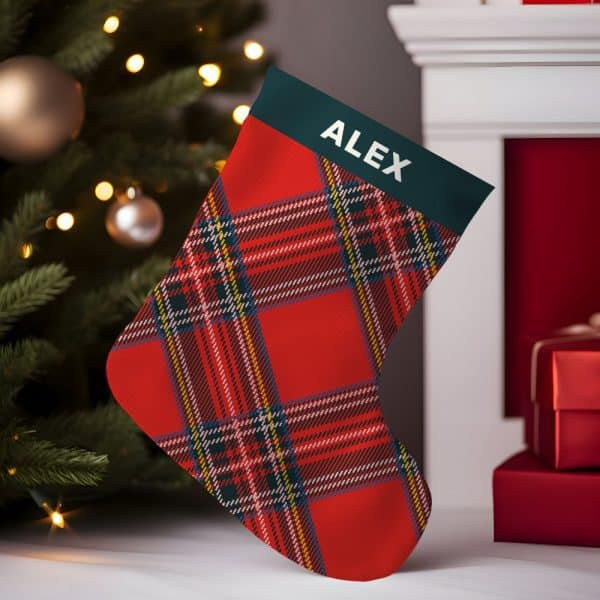 Red And Green Plaid Christmas Stocking With The Name Alex.