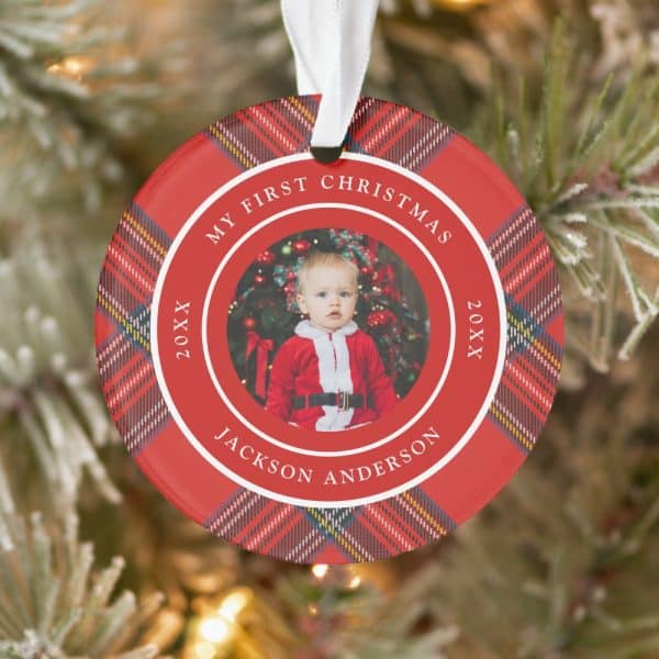 Round Red Plaid Christmas Ornament Featuring A Photo Of Baby Jackson Anderson In A Santa Suit; Text Reads My First Christmas 20Xx.
