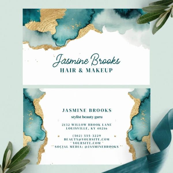 Business Card For Jasmine Brooks, Hair And Makeup Stylist. Teal And Gold Watercolor Design.