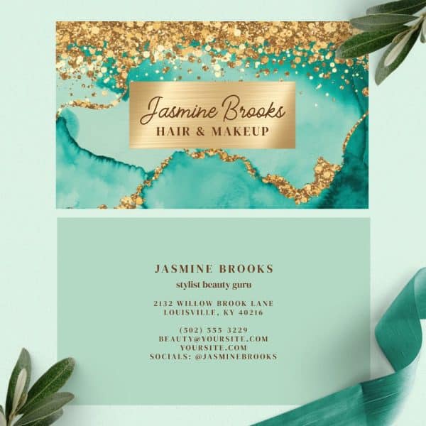 Business Card For Jasmine Brooks, Hair And Makeup Stylist. Teal And Gold Design.