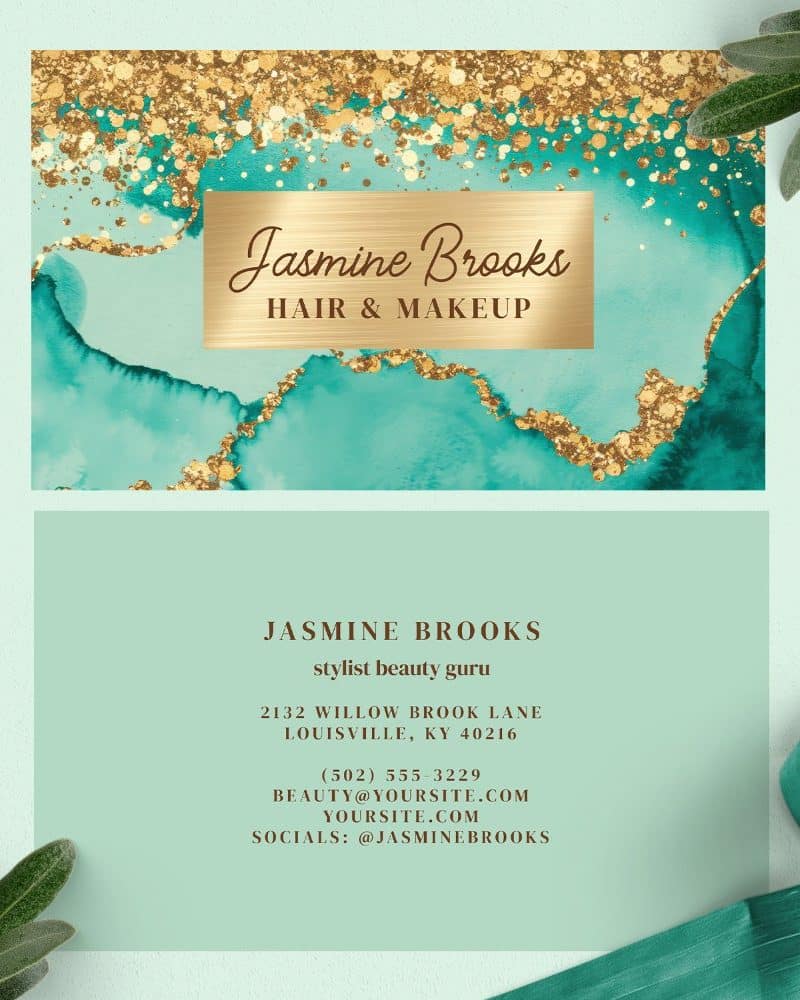 Business card for Jasmine Brooks, hair and makeup stylist. Teal and gold design.