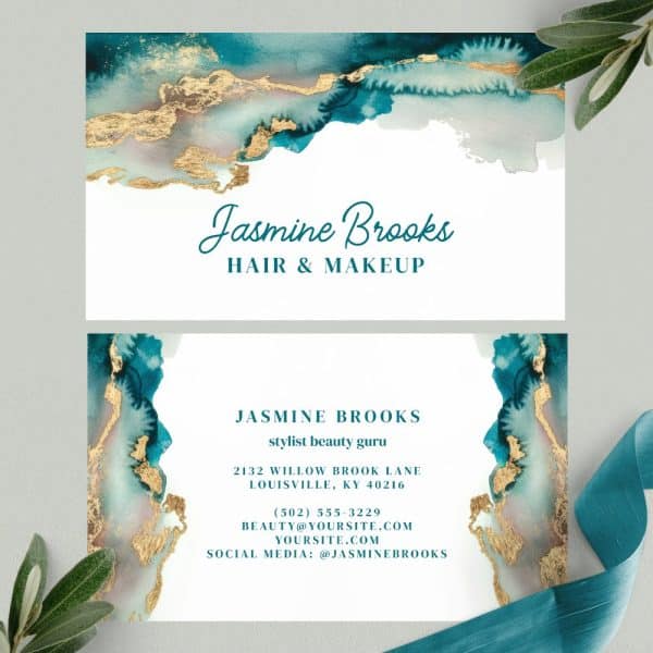 Two Business Cards For Jasmine Brooks, Hair And Makeup Stylist, Featuring Teal And Gold Watercolor Designs.