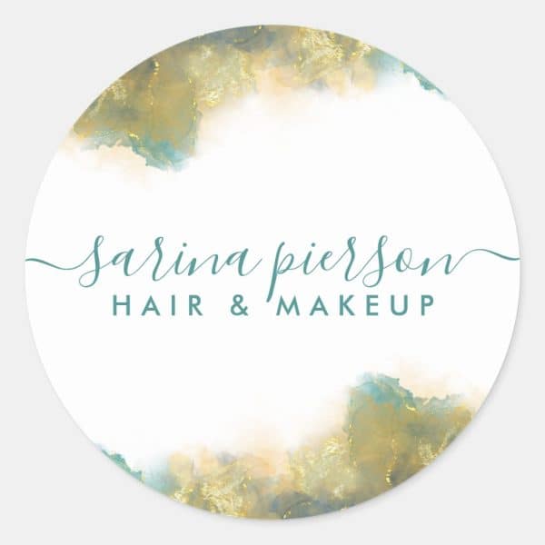 Sarina Pierson Hair &Amp; Makeup Logo, Featuring A Circular Design With Teal And Gold Watercolor Accents.