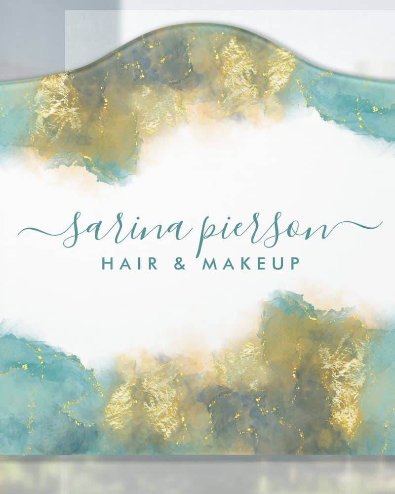 Sarina Pierson Hair & Makeup business sign with an abstract teal and gold design.