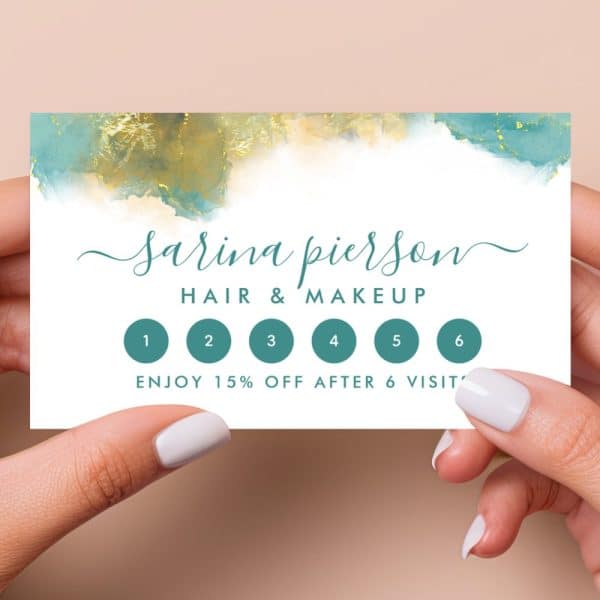 A Six-Visit Loyalty Card For Sarina Pierson Hair &Amp; Makeup, Featuring An Abstract Teal And Gold Watercolor Design.