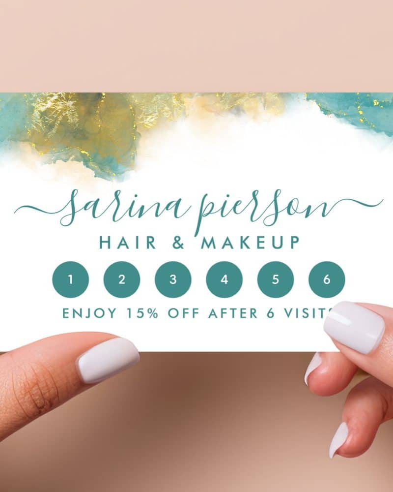 A six-visit loyalty card for Sarina Pierson Hair & Makeup, featuring an abstract teal and gold watercolor design.