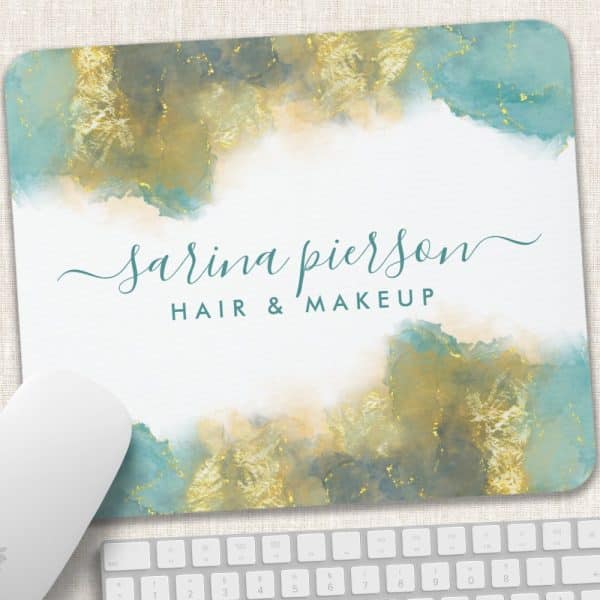 Mousepad Featuring Sarina Pierson Hair &Amp; Makeup Logo; Teal And Gold Watercolor Design.