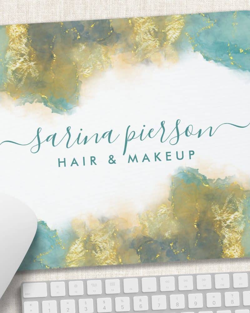 Mousepad featuring Sarina Pierson Hair & Makeup logo; teal and gold watercolor design.