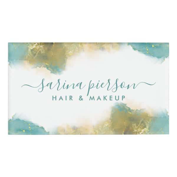Sarina Pierson Hair &Amp; Makeup Business Card With An Abstract Teal And Gold Watercolor Design.